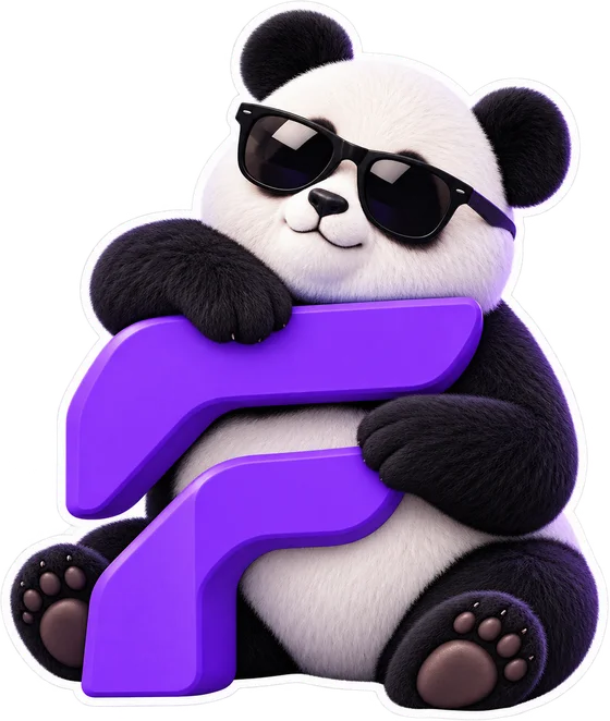 El panda de Fusión Digital, con gafas oscuras, abraza la letra F del logotipo