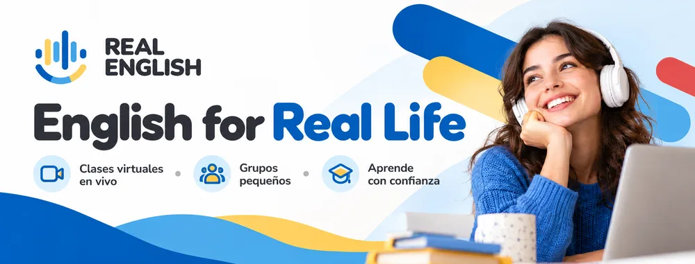 Portada de Real English: English for Real Life. Clases virtuales en vivo, grupos pequeños y aprende con confianza.